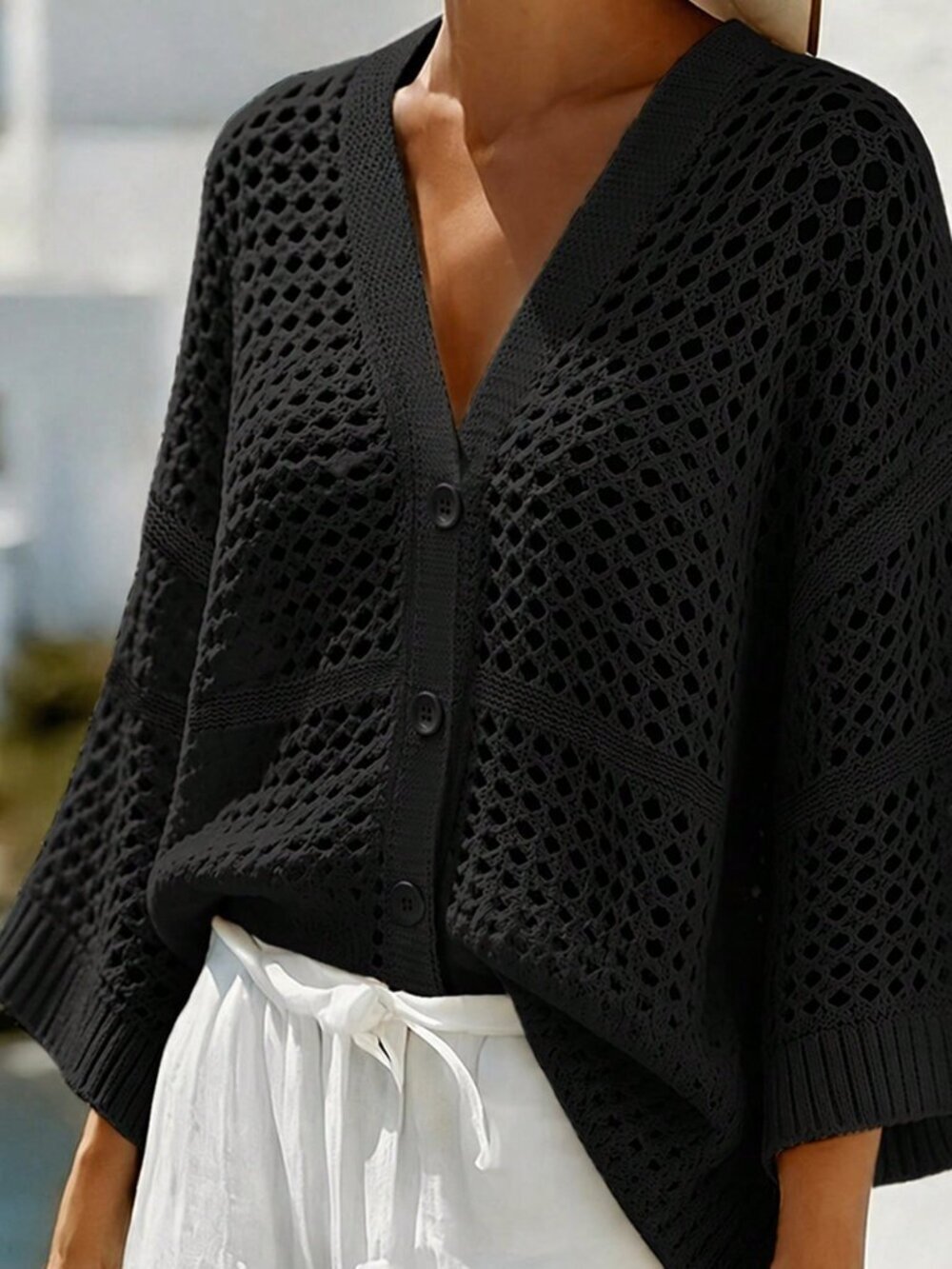Black Casual Women's V-Neck Sleeveless Mesh Loose Cardigan - Picture 3 of 6